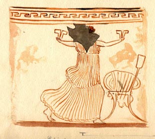 (81D) female figure with arms raised next to a chair